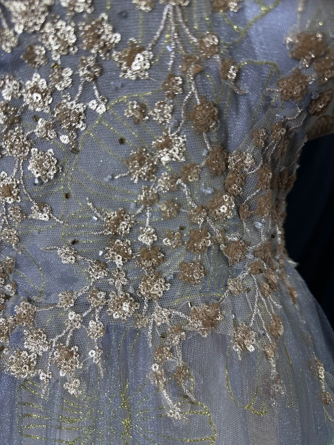 Modest Prom Dresses A Line Off The Shoulder Gold Lace With Sleeves Sequin Long Formal Outfits RB6020