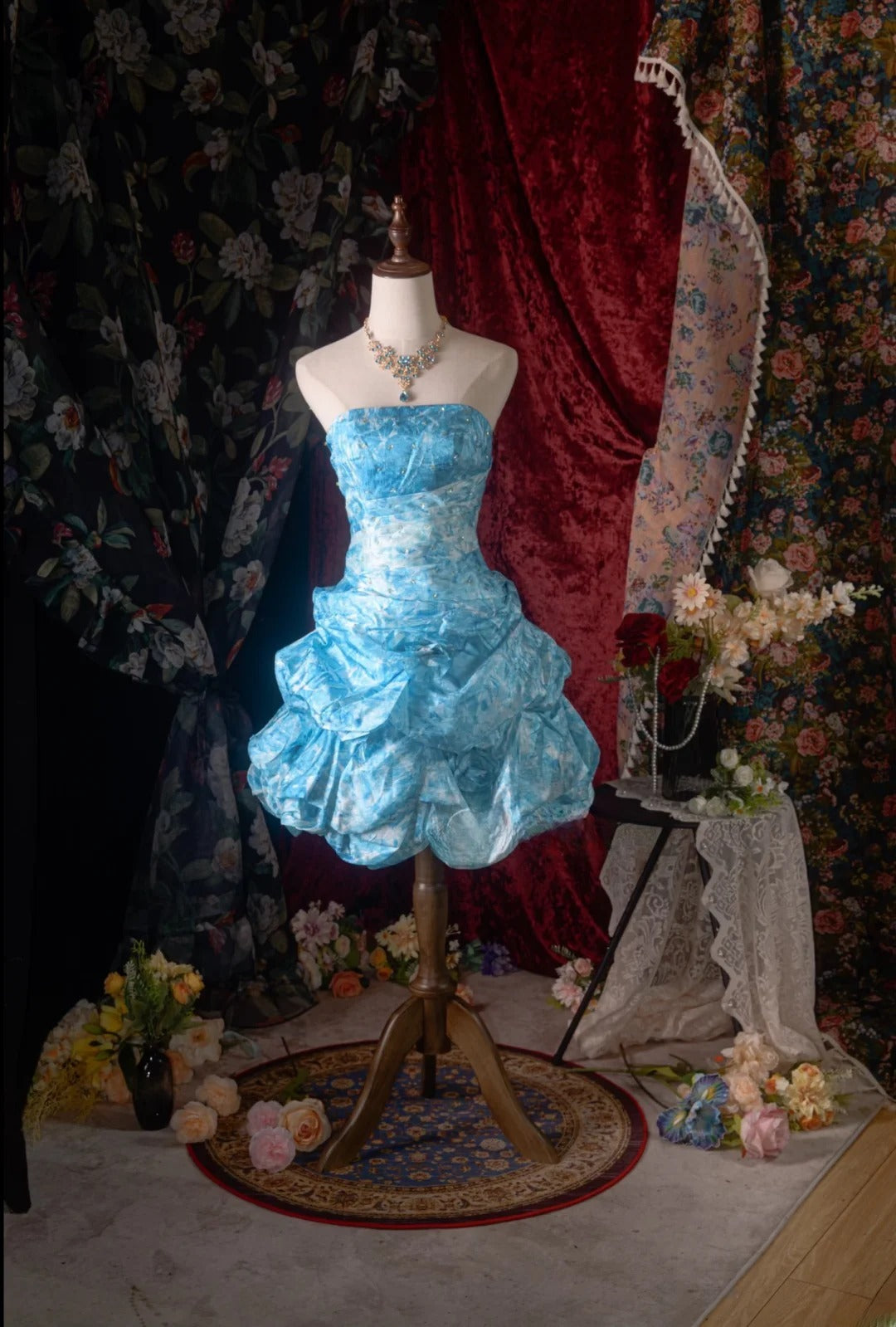 Lovely Sheath Strapless Organza Floral Blue Short Party Dresses Homecoming Dress Cocktail Dress RB8494