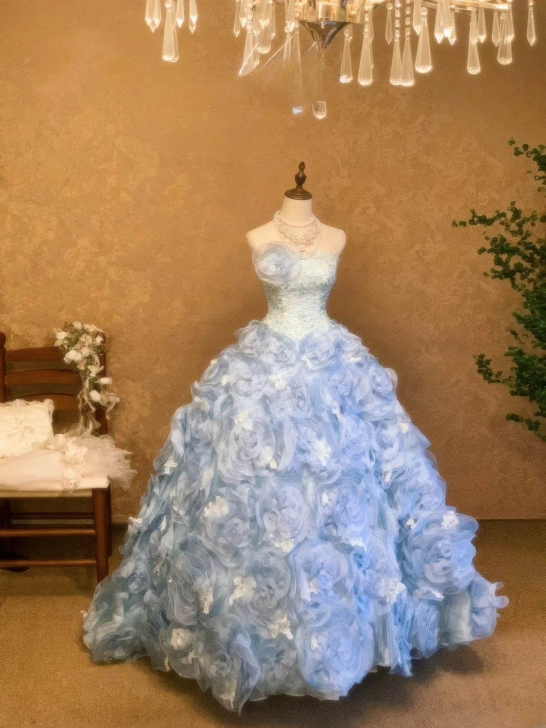 3D Floral Flowers Strapless Blue Quinceanera Dress Ball Gown Sweet 15 Gown RB9146