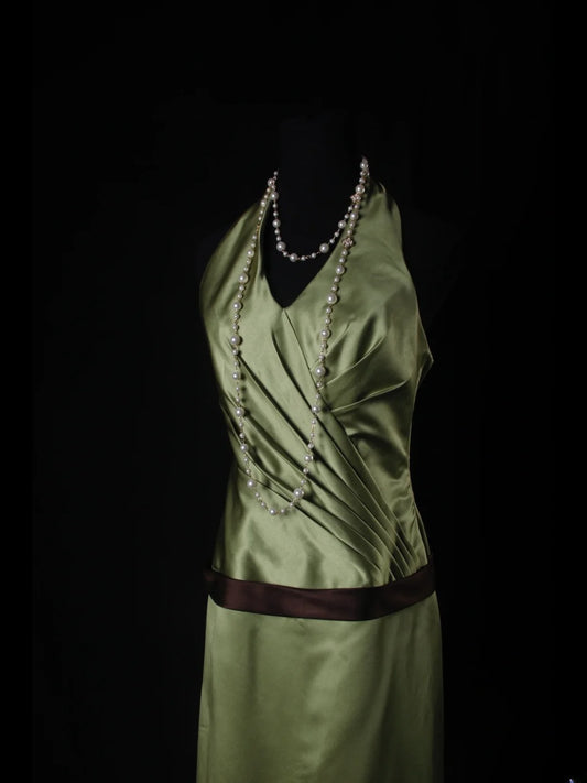 Vintage A line V Neck Green Satin With Pleated Long Bridesmaid Dresses AS225