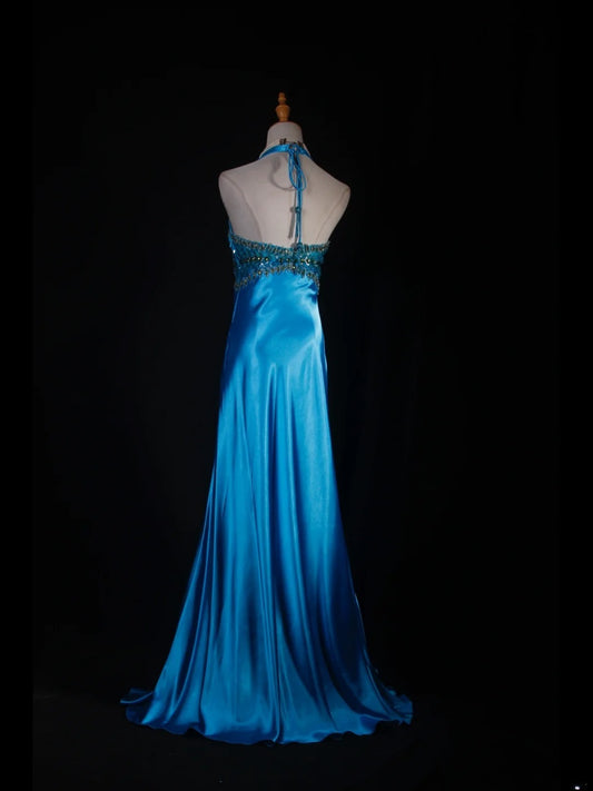Vintage A line Halter Blue Satin Long Formal Old 1950s Prom Dresses Night Outfits Party Gowns AS230