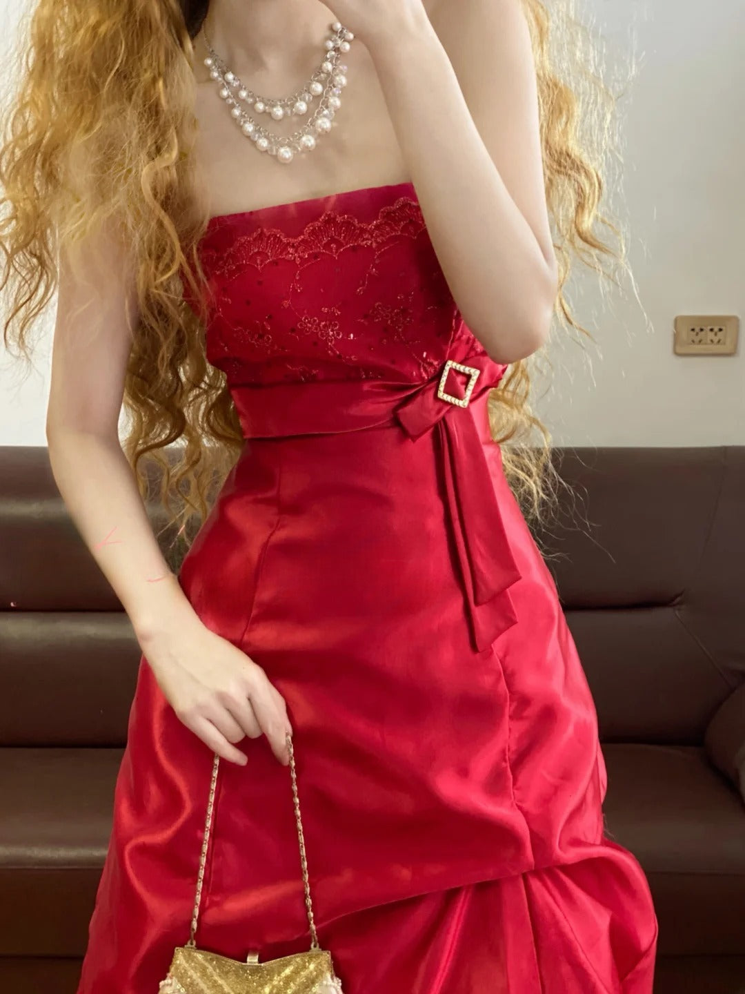 Chic A line Strapless Red Satin With Lace Prom Dress For Women Evening Party Gown RB9158