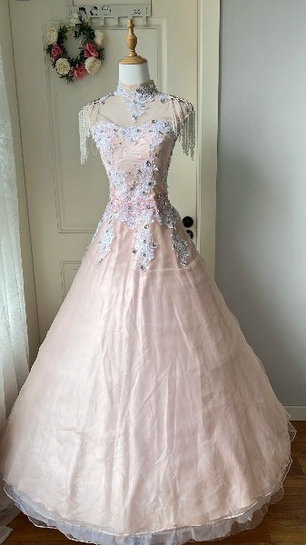 Sweet 15 Quinceanera Dress Ball Gown High Neck Pink With Appliqued Long 15th Birthday Outfits RC0590