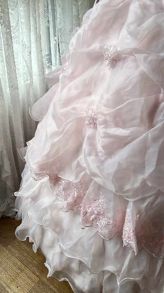 Elegant Sweet 16 Dress Long Strapless Pink With Lace Appliqued Tiered Ball Gown Sweet Sixteen Party Birthday Dresses RC0591