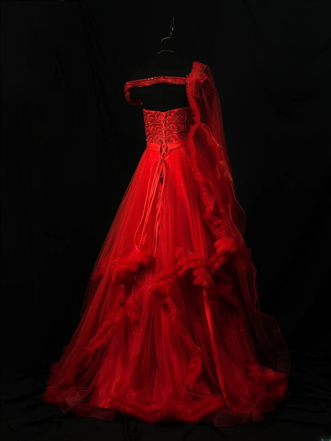 Vintage 90s Prom Dresses Ball Gown Off The Shoulder Red Tiered Layers With Beading Party Gown Formal Outfits RB6105