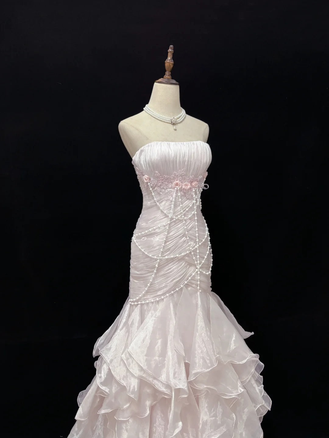 Modest Mermaid Strapless Pink With 3D Flowers Pearls Long Prom Dress Formal Outfits Evening Night Dresses RB7653
