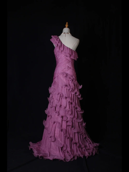 Vintage Mermaid One Shoulder Pink Tiered Layers Bodice Long Prom Dresses Impress 18th Birthday Outfits Prom Gown AS268