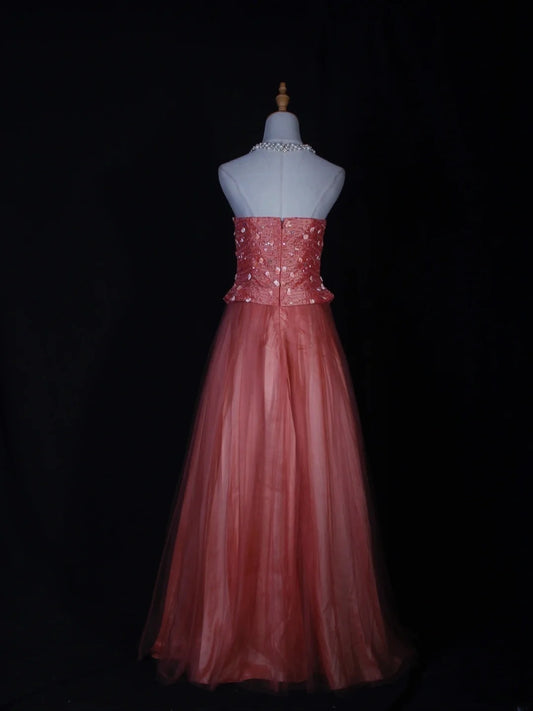 Vintage A line Strapless Pink Tulle With Beads Bodice Long Prom Dresses Impress 20th Birthday Outfits Formal Gown AS284