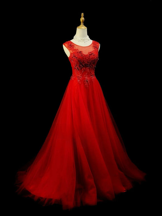 Modest Prom Dresses Ball Gown Scoop Red Tulle With Appliqued Night Evening Formal Outfits RB6158