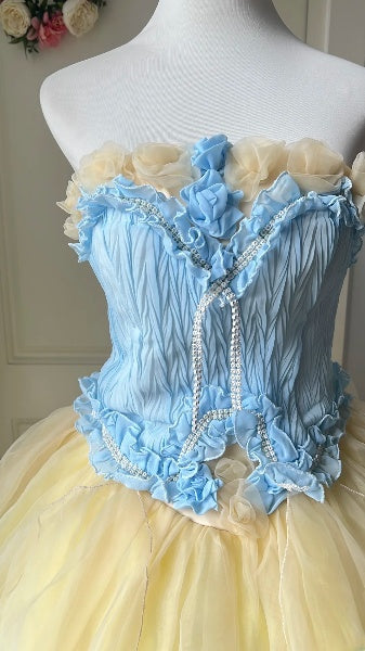 Cute Sweet 16 Dress Long Strapless Yellow With Flowers Ball Gown Sweet Sixteen Party Birthday Dresses RC0642