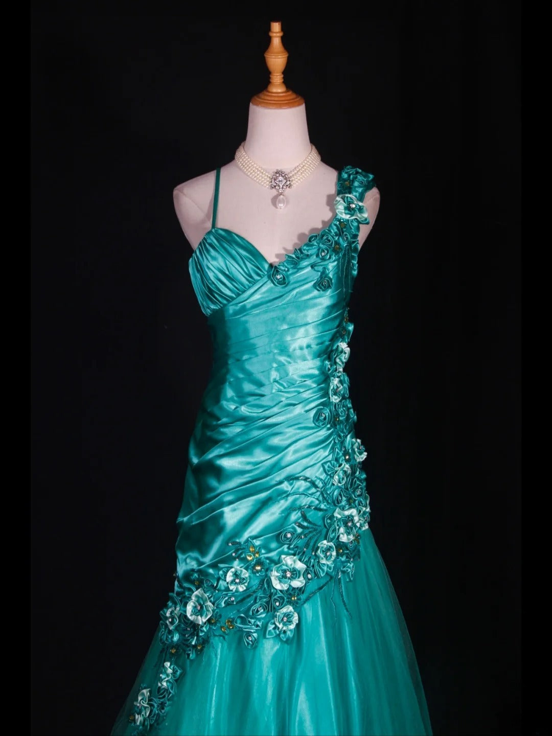 Vintage Mermaid 90s Spaghetti Straps Blue Satin Flowers With Beads Long Prom Dresses Inspo 20th Birthday Outfit Formal Gowns AS312
