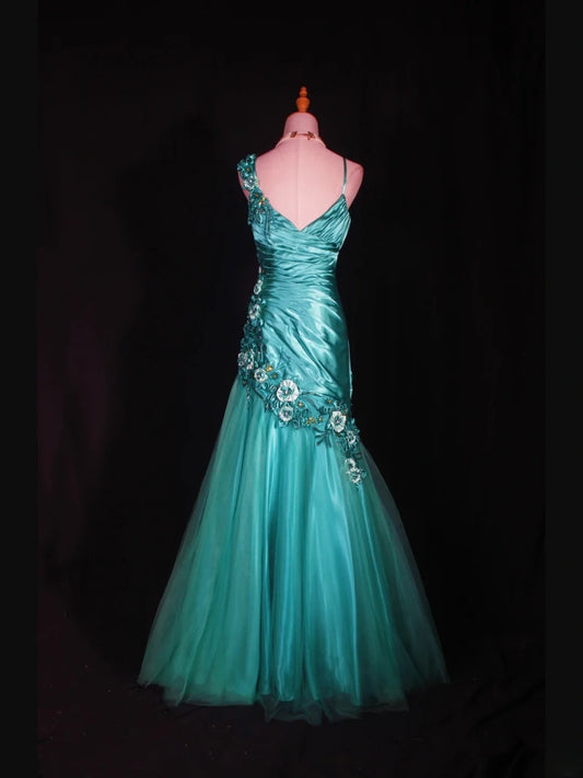 Vintage Mermaid 90s Spaghetti Straps Blue Satin Flowers With Beads Long Prom Dresses Inspo 20th Birthday Outfit Formal Gowns AS312