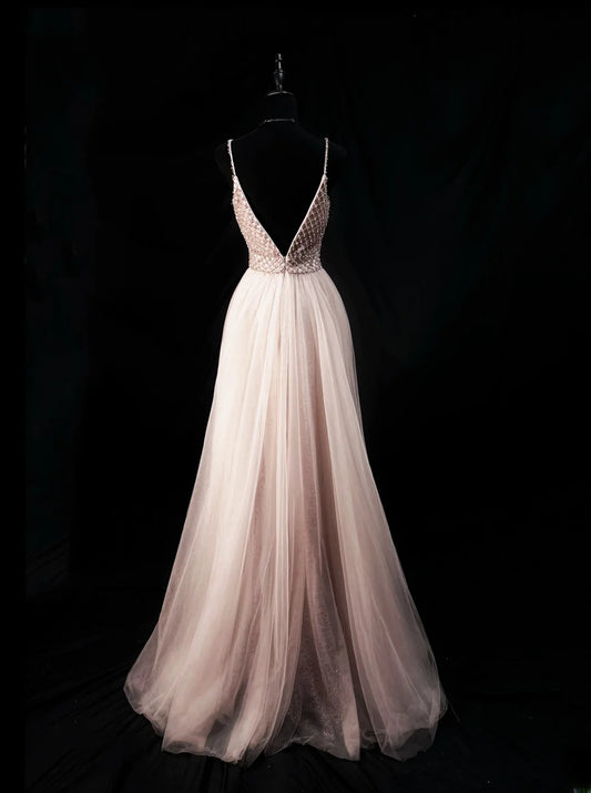 Vintage 80s Prom Dresses A line Spaghetti Strap Light Pink Tulle With Beading Party Gown Formal Outfits RB6152