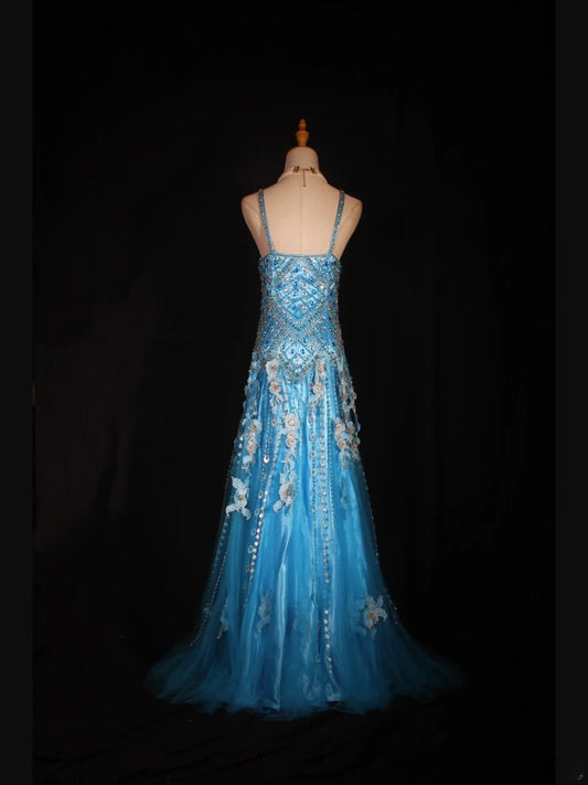 Vintage 70s Mermaid Spaghetti Straps Blue Silver Beaded Bodice Tulle Plus Size Long Prom Dresses Impress 21th Birthday Outfits Prom Gown AS315