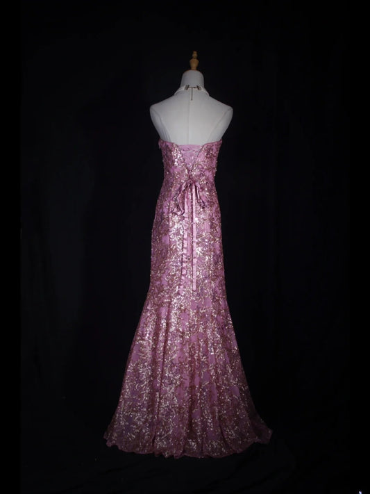 Vintage Mermaid 80s Strapless Pink Sequins With Gold Beads Long Prom Dresses Inspo 20th Birthday Outfit Formal Gowns AS317