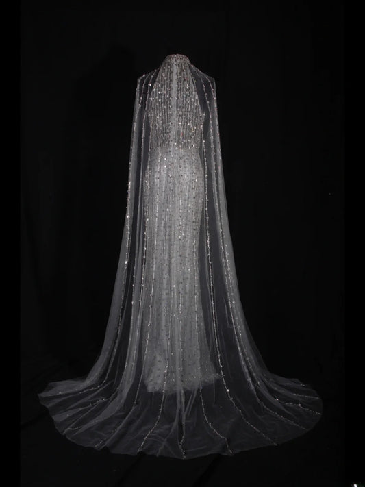 Vintage Mermaid 80s High Neck Silver Beads With Beaded Cape Long Prom Dresses Inspo 20th Birthday Outfit Formal Gowns AS327