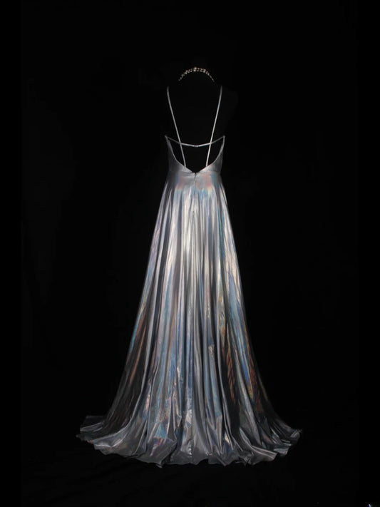 Vintage 2000s A Line Spaghetti Straps Silver Gray Backless Plus Size With Slit Long Prom Dresses Impress 21th Birthday Outfits Prom Gown AS332