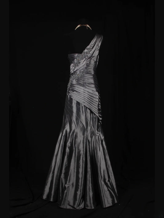 Vintage Mermaid One Shoulder Gray 1970s With Appliqued Beads Bodice Long Prom Dresses Inspo 19th Birthday Outfit Formal Gown AS344