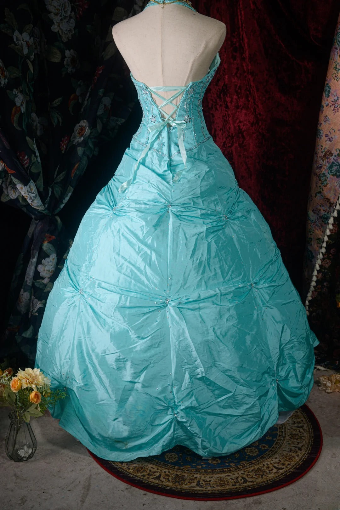 Vintage 80s Ball Gown Halter Tiffany Blue With Silver Beading y2k High School Dances Prom Dresses Formal Outfits Evening Gown RB8574