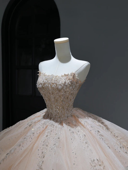 Princess Long Wedding Dress Ball Gown Strapless Blush Pink Style for Bride With Beaded Sequin Bodice Train Bridal Dresses AS383