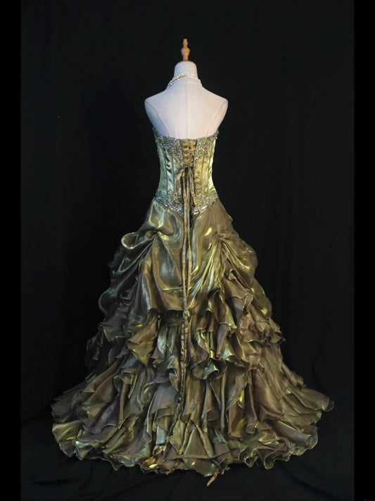 Retro 1970s Ball Gown Sweetheart Olive Green Organza With Beads Tiered Long Prom Dresses Inspo 21st Birthday Outfit Formal Gown AS390