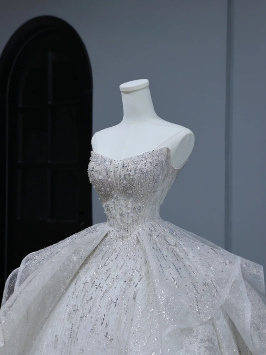 Sparkly Long Wedding Dress Ball Gown Strapless Style for Bride With Sequin Beaded Bodice Train Bridal Dresses AS390