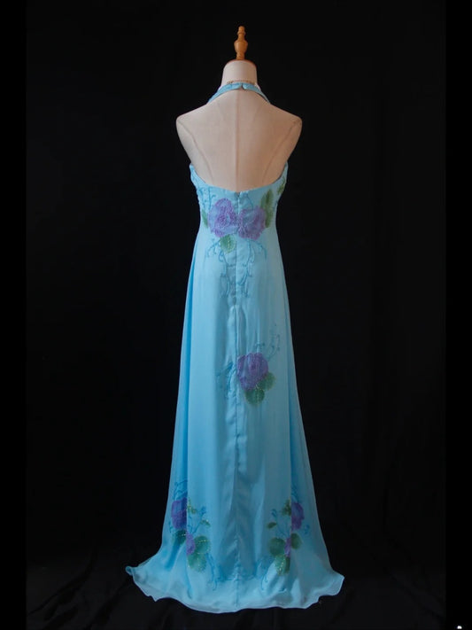 Vintage A Line Halter Chiffon Blue 1950s With Beaded Bodice Long Prom Dresses Inspo Birthday Outfit Formal Gown AS391