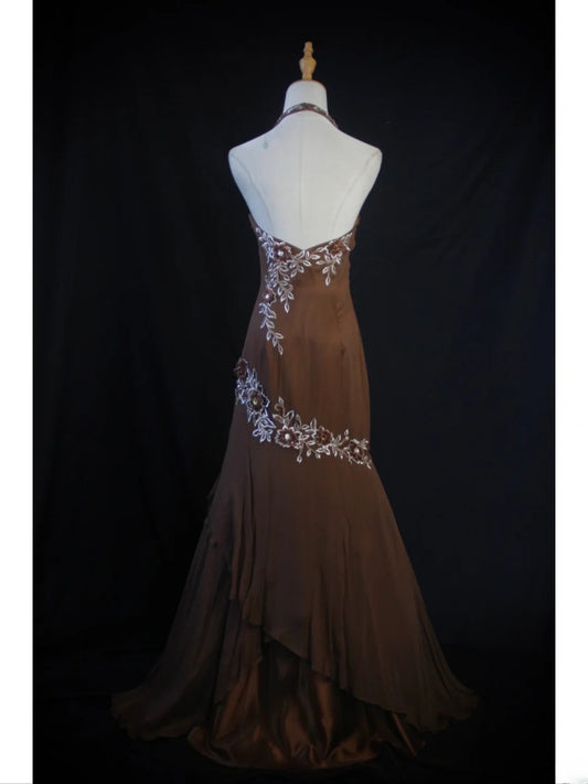 Vintage Mermaid 80s Halter Brown Chiffon Beads Long Prom Dresses Inspo Birthday Outfit Formal Gowns AS403