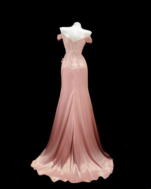 Classy Prom Dresses Mermaid Off The Shoulder Pink Satin 1950s Retro Classy Party Formal Outfits RB6222