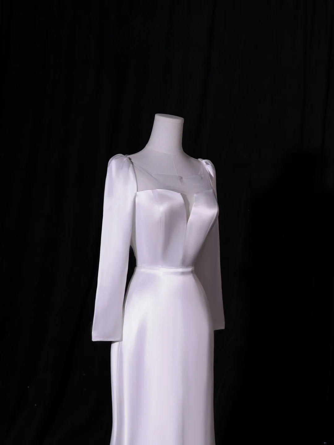 Simple Long Wedding Dresses A Line Square Neck Long Sleeves Silky Satin Style For Brides White Fitted Bridal Dresses AS413