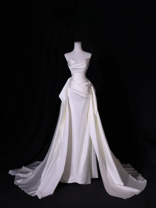 Simple Long Wedding Dresses Mermaid White Mermaid Satin Pleats Wedding Dress Silky Satin Style For Brides Fitted Bridal Gowns AS418