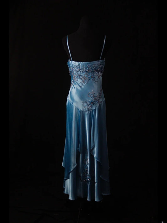 Vintage A Line Spaghetti Straps Blue Satin 70s With Beads Prom Max Dresses Inspo 18th Birthday Outfit Formal Dress For Women AS463