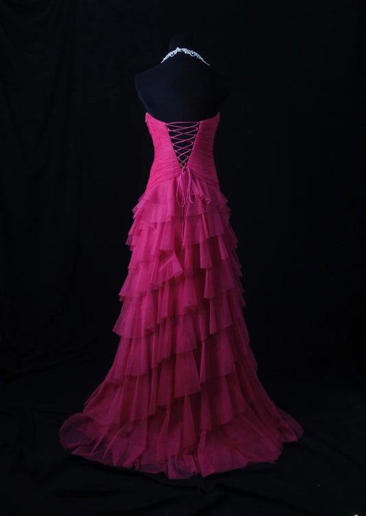 Vintage A Line Sweetheart Hot Pink Tulle 1950s With Ruffled Layered Bodice Long Prom Dresses Inspo 18th Birthday Outfit Formal Gown AS465
