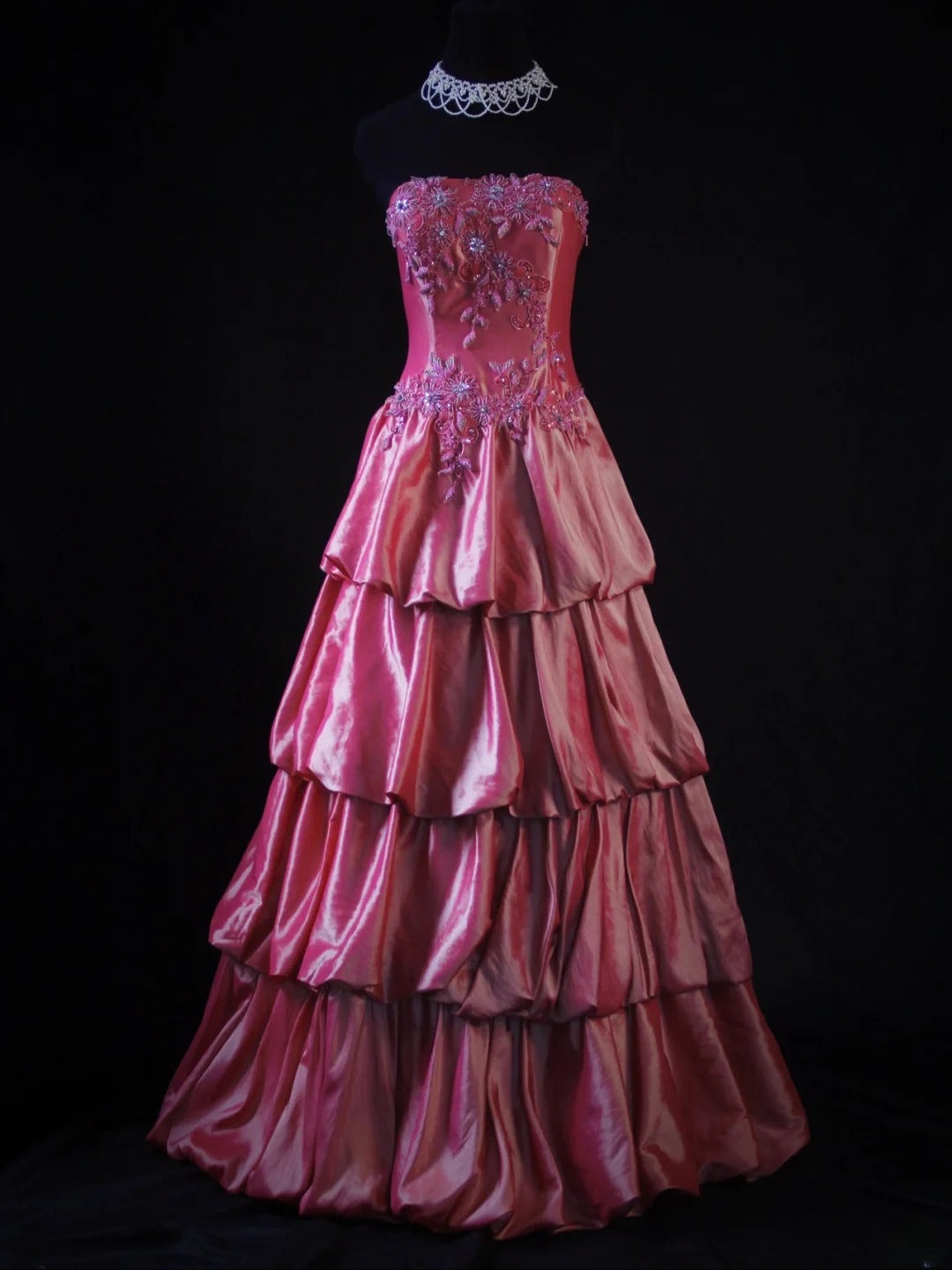 Retro 80s Ball Gown Strapless Pink Satin With Beadings Long Prom Dress – RubyFashionDress
