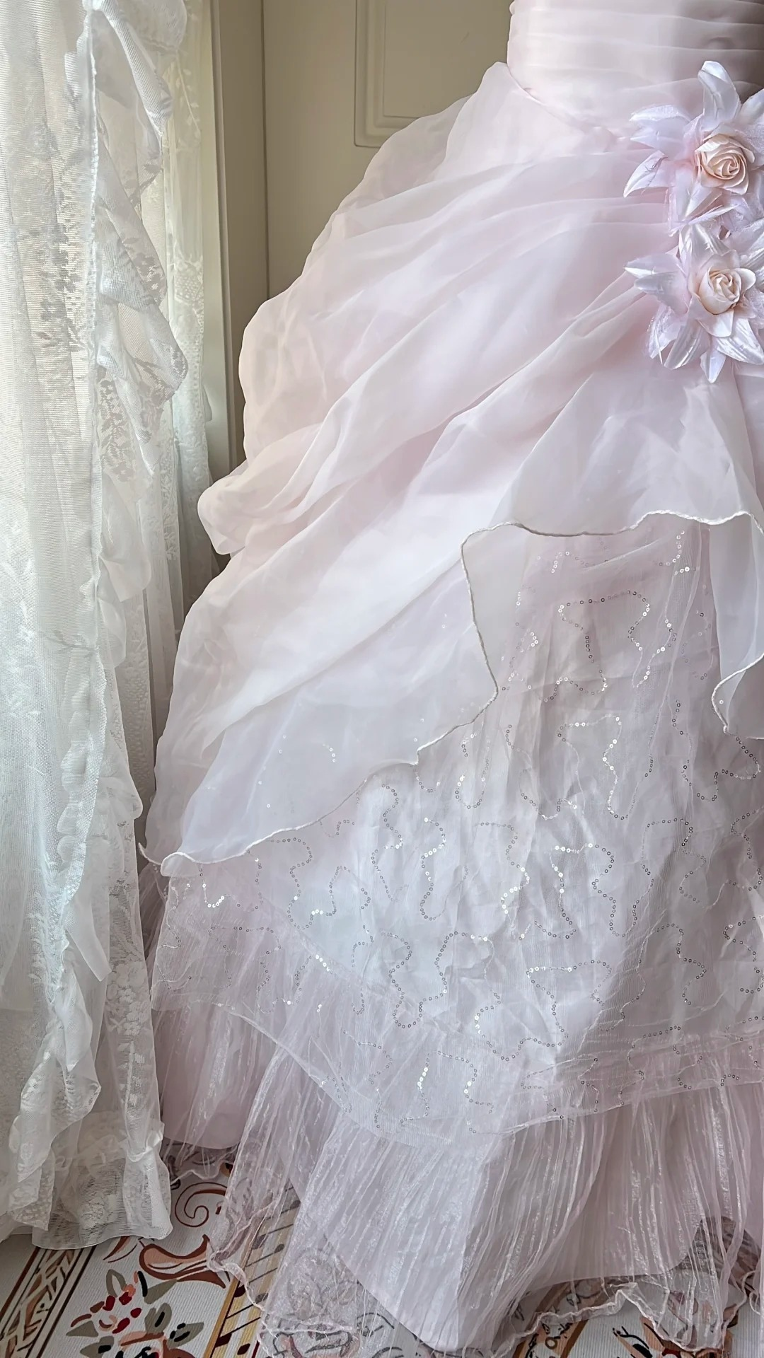 Fairytale Sweet 16 Princess Gown Strapless Sequin Pink Tiered Ruffled Skirt With Cape Floor‑Length RC0794