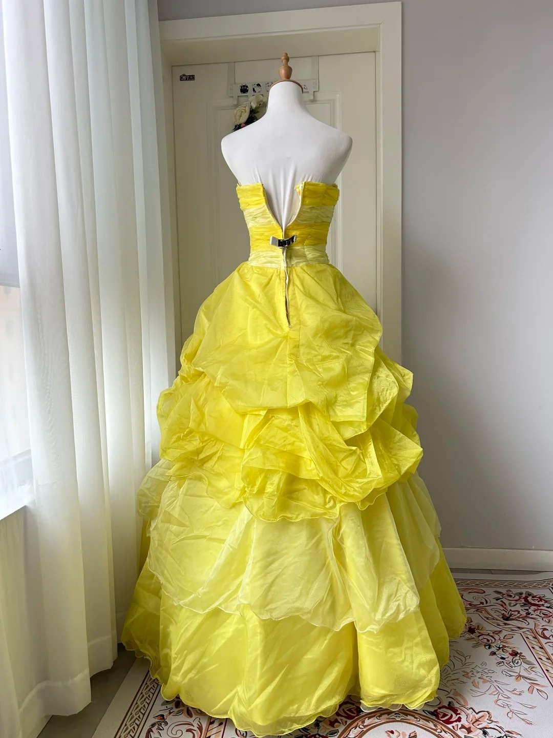 Fairytale Sweet 16 Princess Gown Strapless Yellow Lace Tiered Ruffled Skirt With Folded Floor‑Length RC0820
