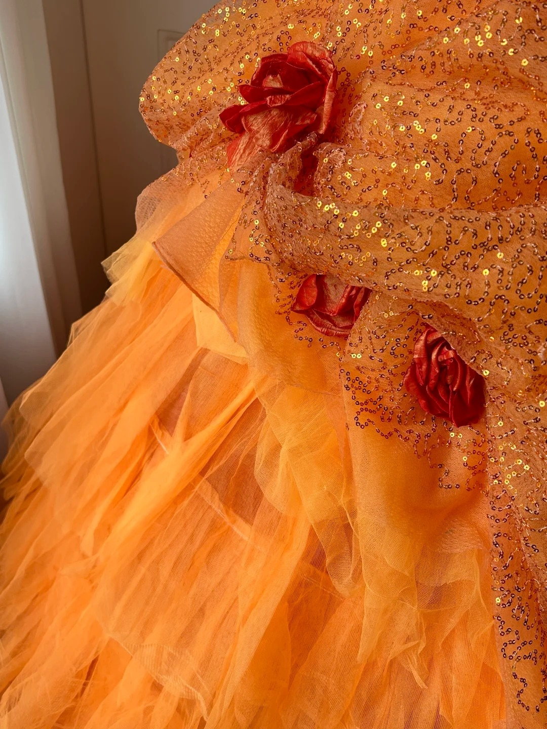 Sweet 16 Quinceanera Dress Ball Gown One Shoulder Orange Tulle With Tiered Layers Sequin Birthday Party Gown RC0938