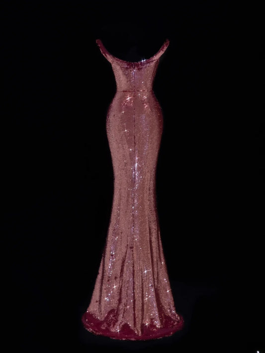 Elegant Mermaid Off The Shoulder Pink Sequin Formal Fancy Long Evening Dresses Dinner Outfits Classy Party Gowns AS621
