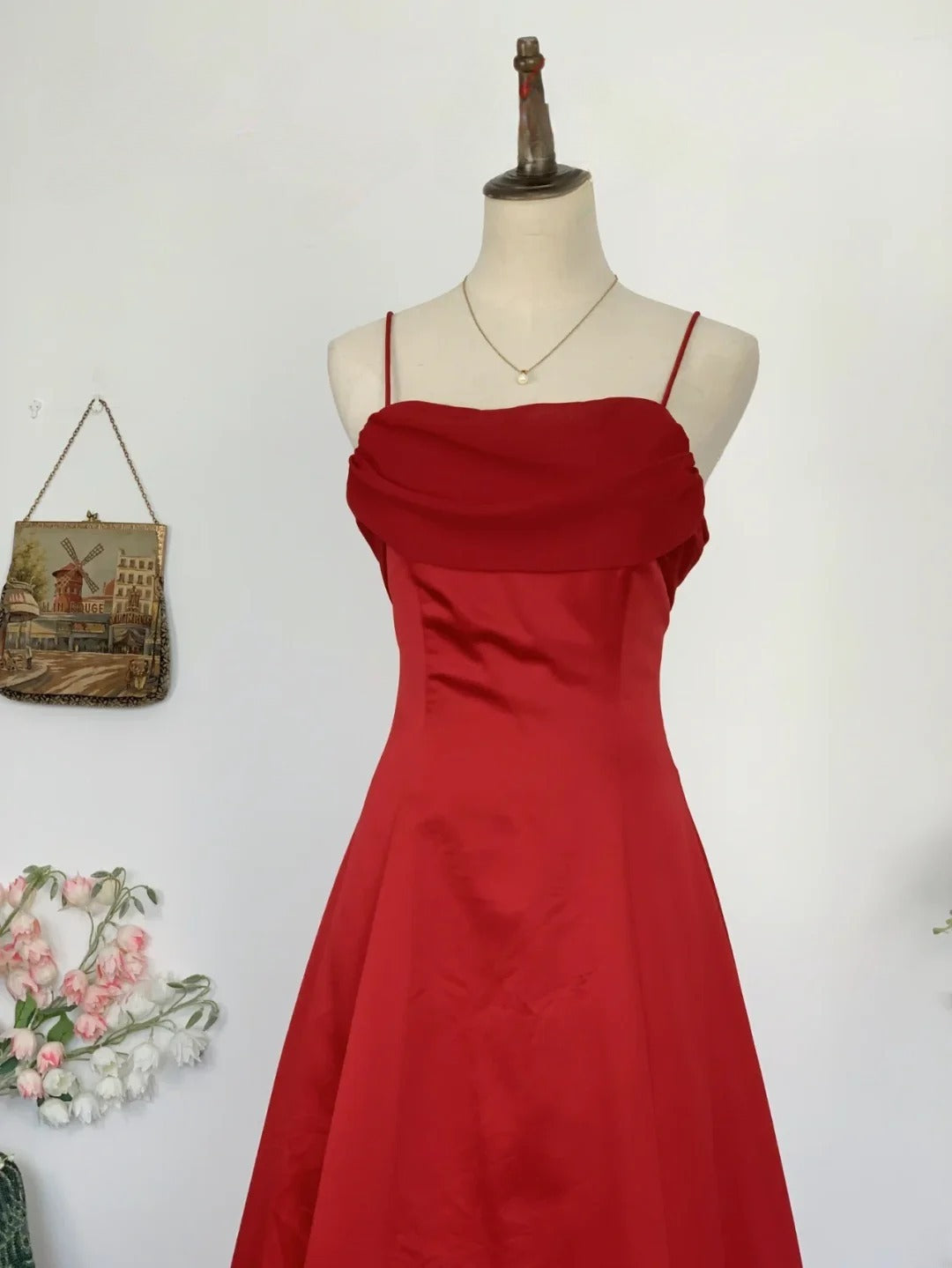 Elegant A line Spaghetti Straps Red Satin Prom Dress Floor Length Evening Party Gown RB9621