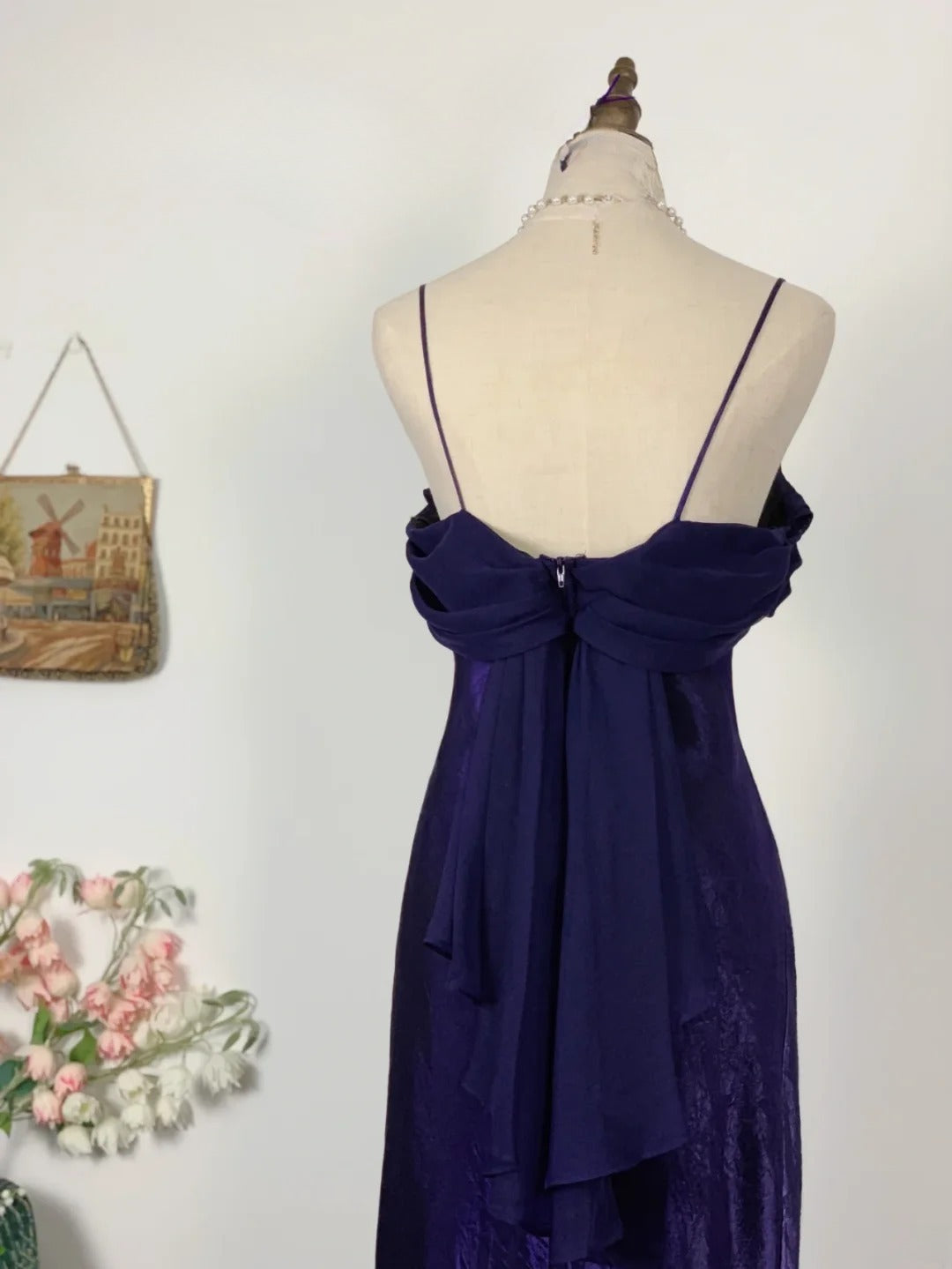 Elegant A line Spaghetti Straps Purple Satin Prom Dress Floor Length Evening Party Gown RB9622