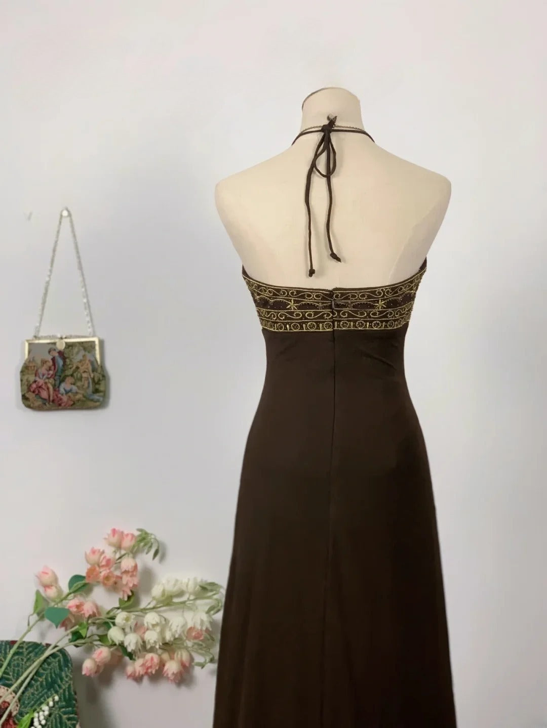 Elegant A Line Halter Brown Chiffon Long Prom Dress Floor Length Evening Party Gown RB9634