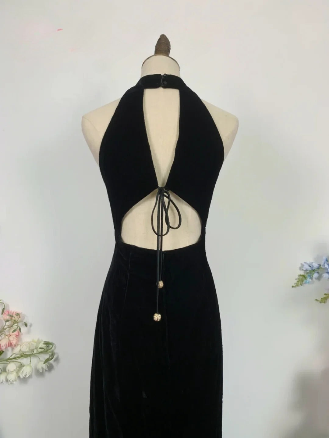 Elegant A Line Halter Black Velvet Long Prom Dress Floor Length Evening Party Gown RB9640