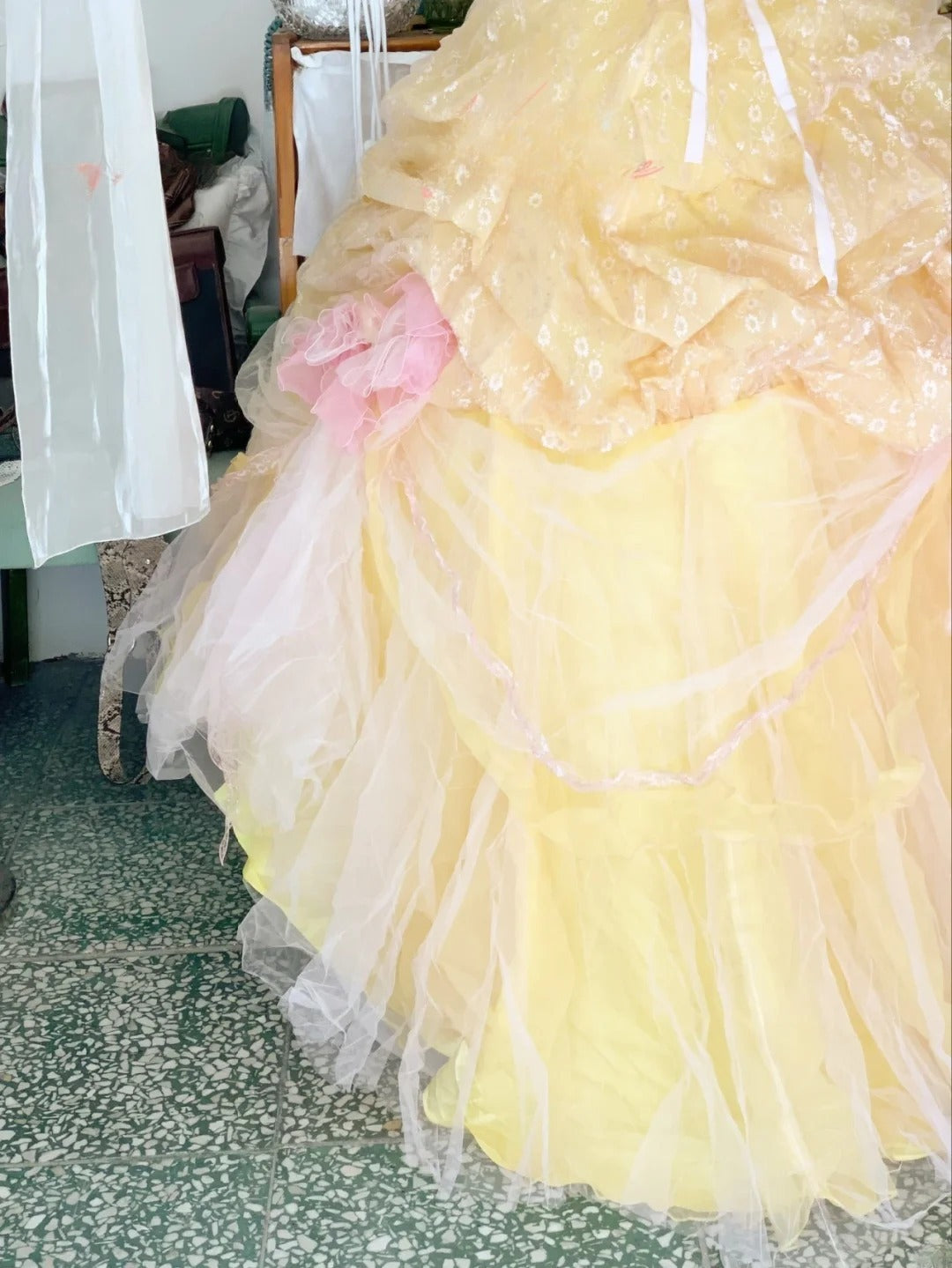 Sweet 16 Dress Ball Gown Halter Yellow With Flowers Vestido De 15 Sweet Sixteen Dress RB9645