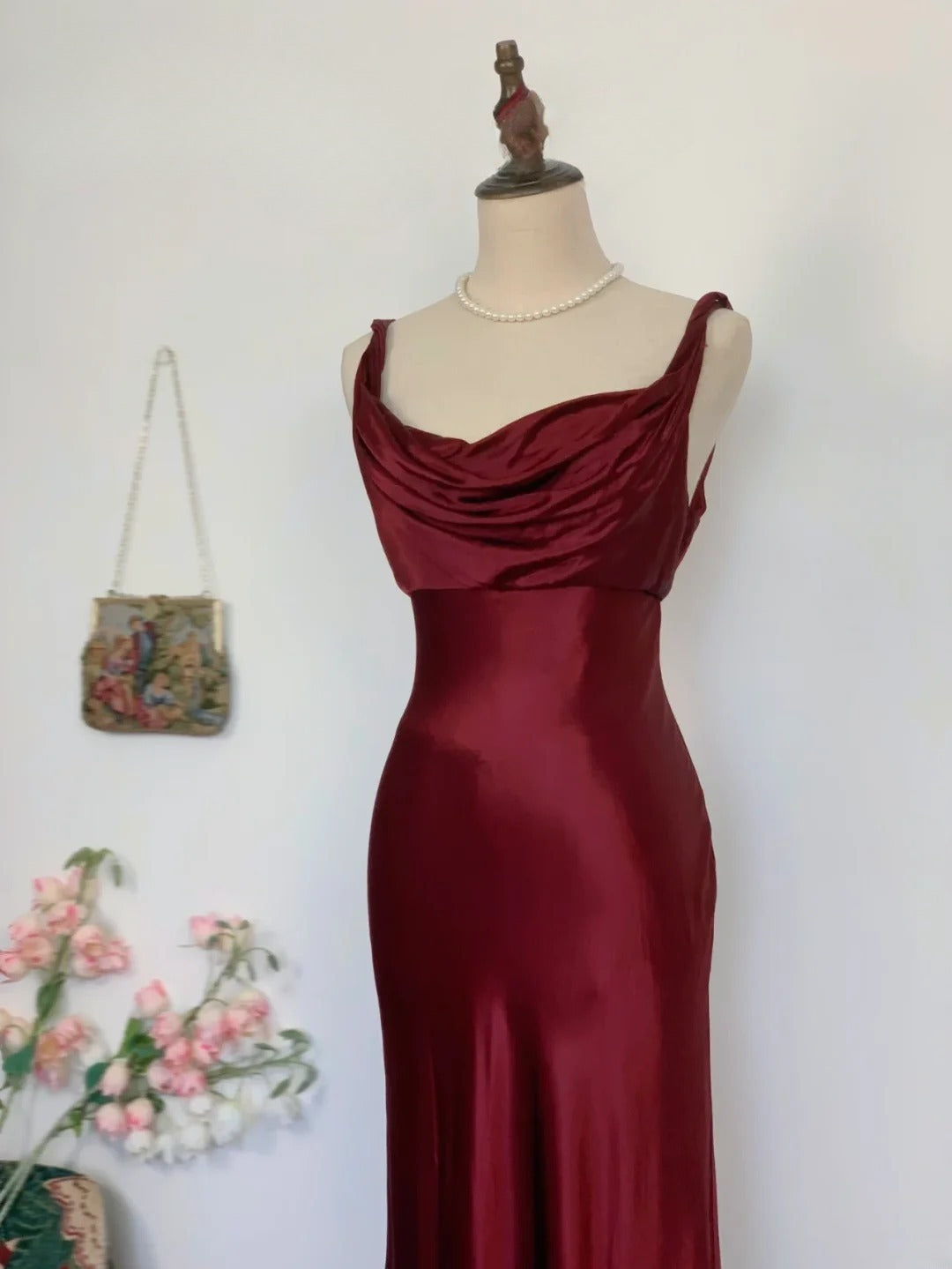 Elegant Mermaid Straps Burgundy Satin Long Prom Dress Floor Length Evening Party Gown RB9650