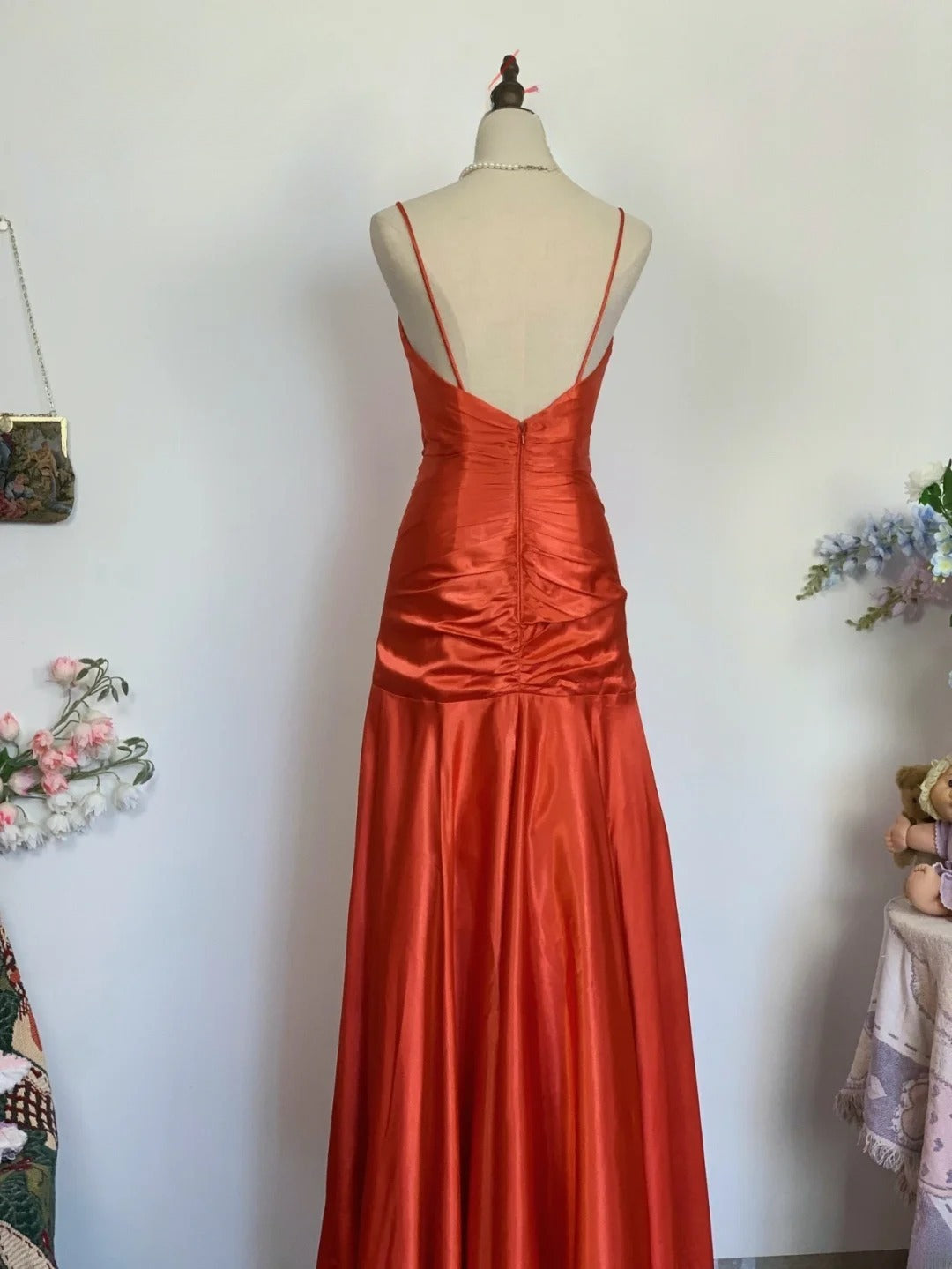 Elegant Mermaid Spaghetti Straps Orange Satin Long Prom Dress Floor Length Evening Party Gown RB9651