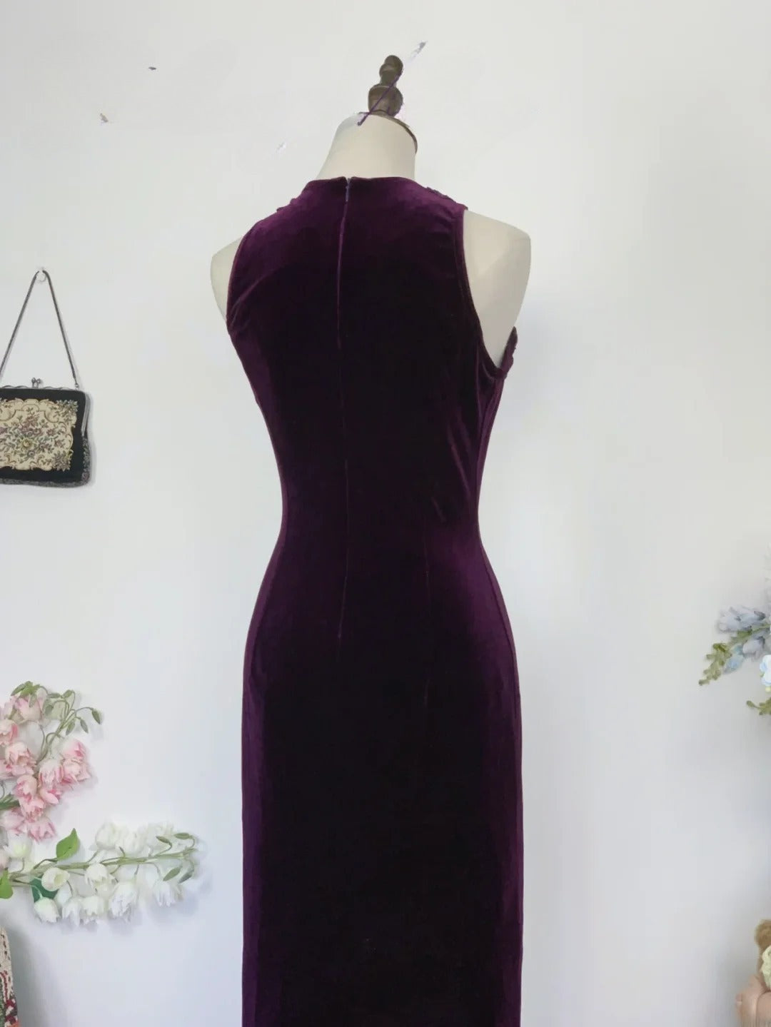 Elegant Sheath Grape Velvet Long Prom Dress Floor Length Evening Party Gown RB9656