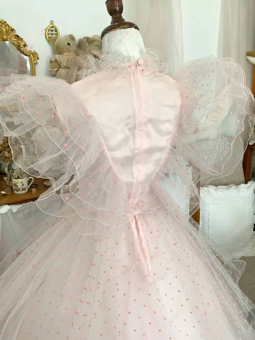 Pink Sweet 16 Dress Tulle Ballgown High Neck Polka Dots Sweet Sixteen Dress With Ruffled RB9676