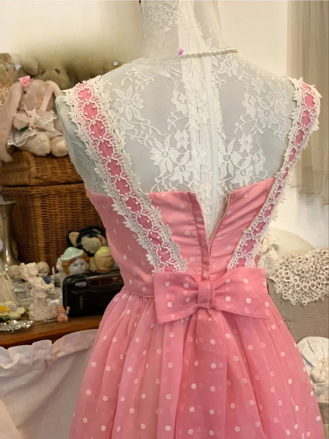 Elegant A Line Square Pink Polka Dots Long Prom Dress Floor Length Evening Party Gown RB9684