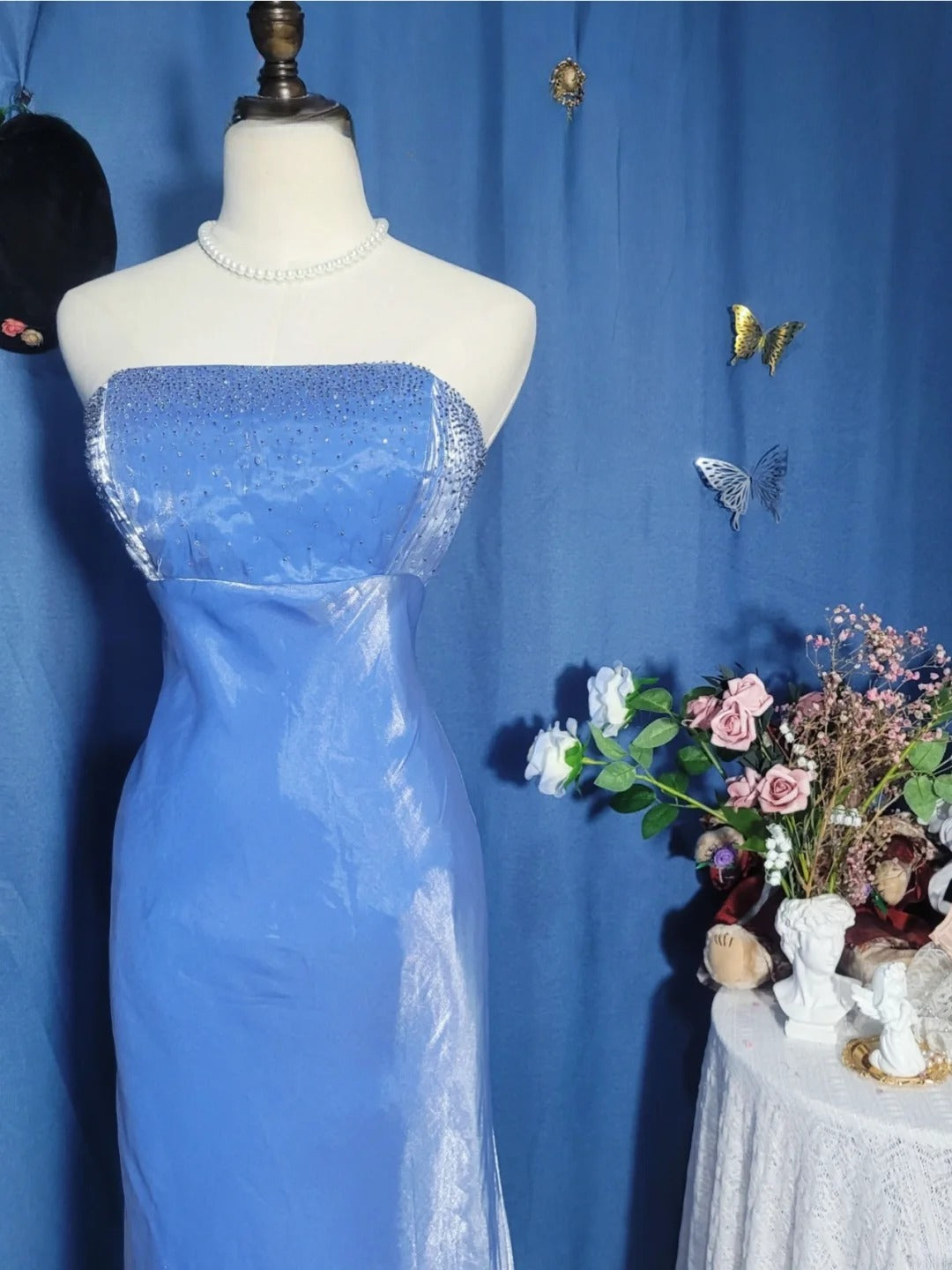 Elegant Mermaid Strapless Blue Satin Prom Dress Floor Length Evening Party Gown RB9692