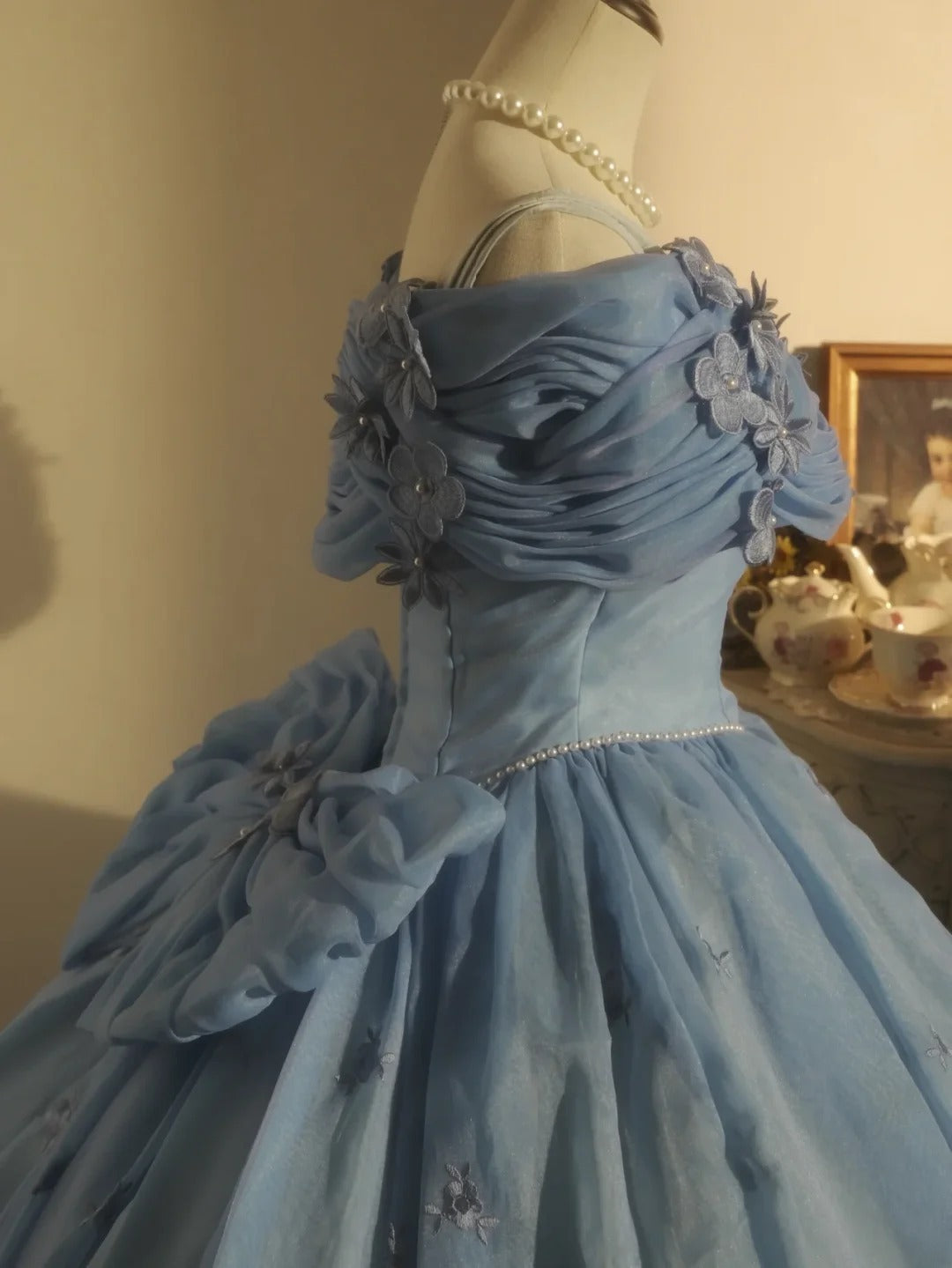 Sweet 16 Dress Ball Gown Off Shoulder Dusty Blue Floral With 3D Flowers Vestido De 15 Sweet Sixteen Dress RB9744